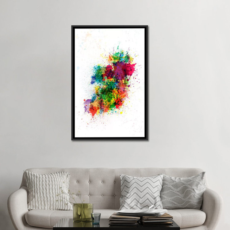 Michael Tompsett "Ireland Map Paint Splashes" Painting Print on Canvas, Black Framed Canvas, 26" H x 18" W x 1.5" D, No Mat