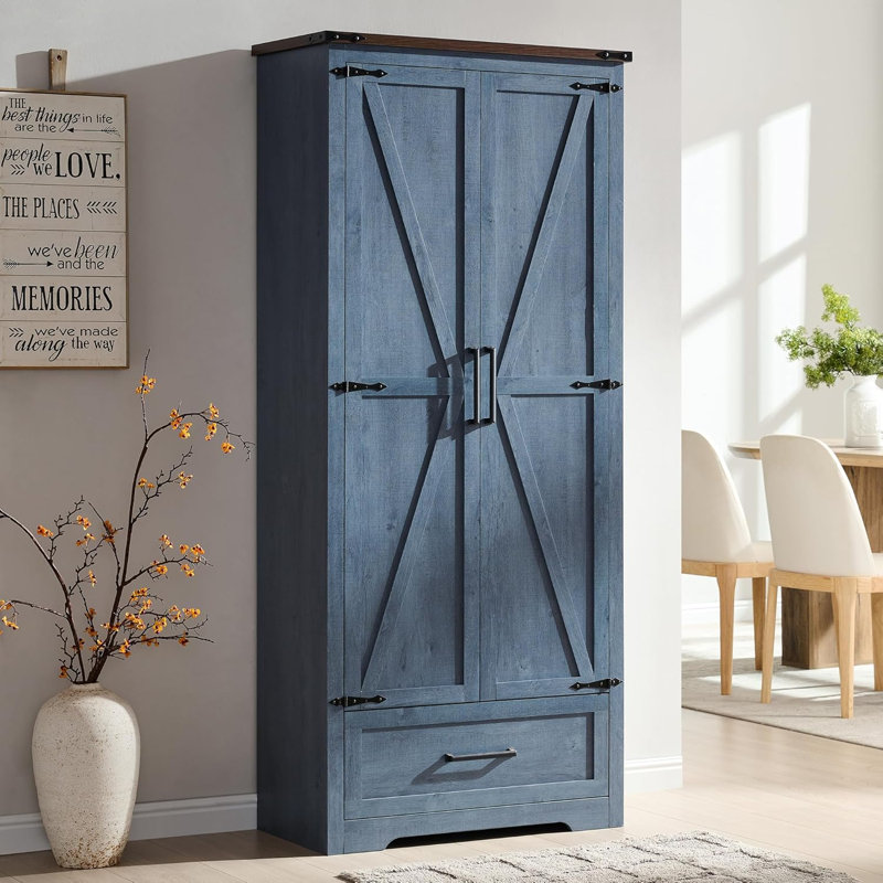 Armoire de cuisine de 183 cm (72 po) avec double porte de grange, rangement de cuisine de style campagnard avec étagères et tiroir réglables