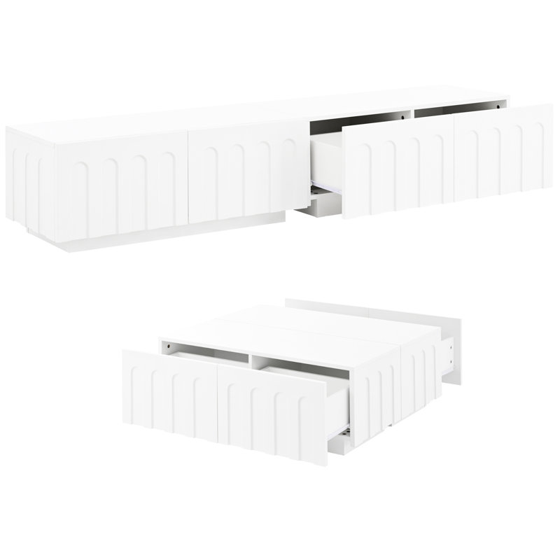 Meuble télé moderne blanc et table basse, conception arquée pour une apparence contemporaine, utilisation combinée personnalisable à la maison, rangement spacieux dans 8 tiroirs, différents aménagements de vie convenables, fait de