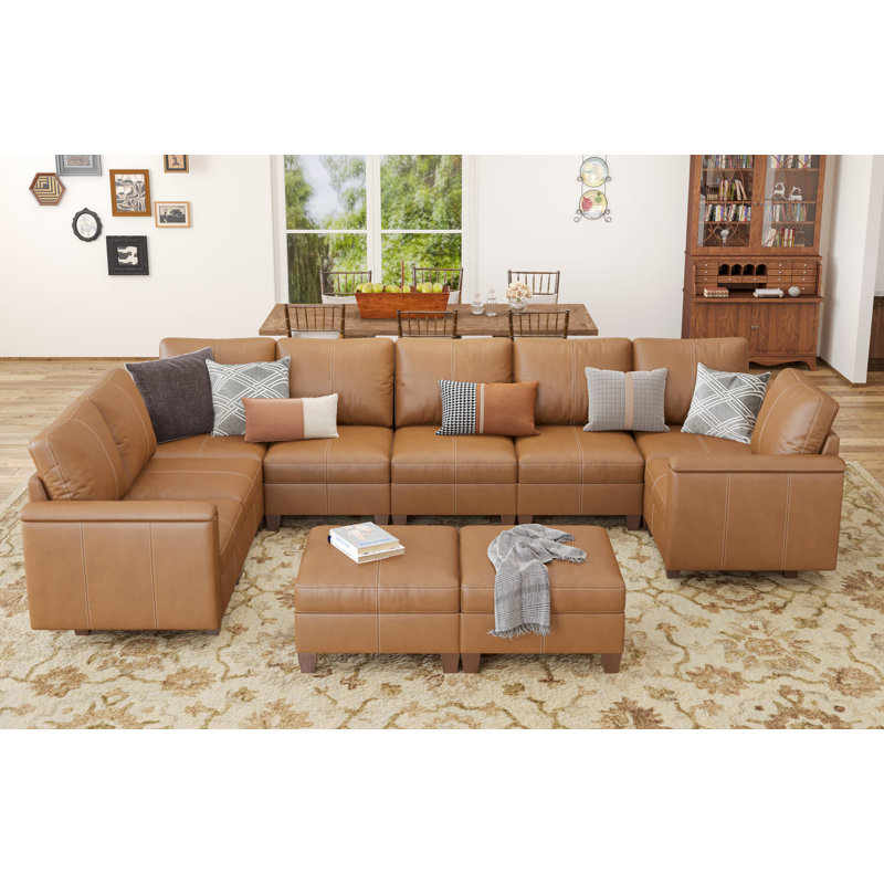 Oversized Faux Leather Sectional Couches for Living Room, Modular Convertible 10-Seat U-Shaped Sofa with Storage & Ottoman, 145 inch Width