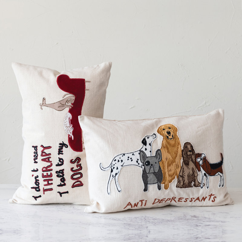 Cotton Lumbar Pillow with Embroidered Dog Illustration and Message