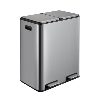 16 Gallon Rectangular Hands-Free Dual Compartment Recycling Kitchen Step Trash Can with Soft-Close Lid, 2 Plastic Inner Buckets and Hinged Lids