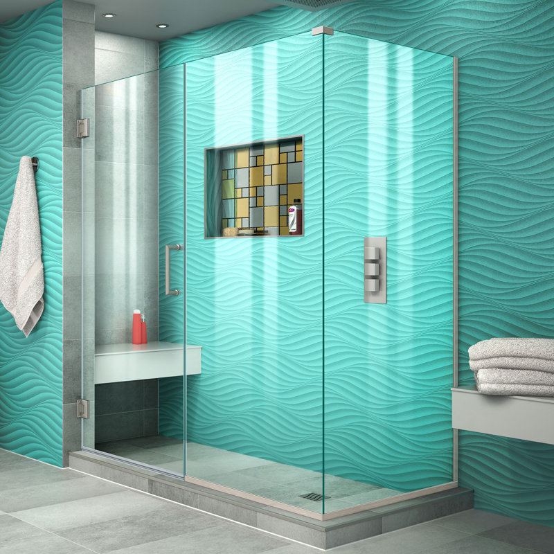 Unidoor Plus 32" W x 34.375" D x 72" H Frameless Pivot Rectangle Shower Enclosure with Fixed Panel, Brushed Nickel