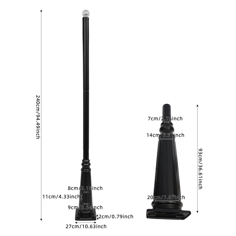 Lampadaire d'extérieur en métal robuste 7,87 pi, H 94,49 po x l 10,63 po x P 10,63 po