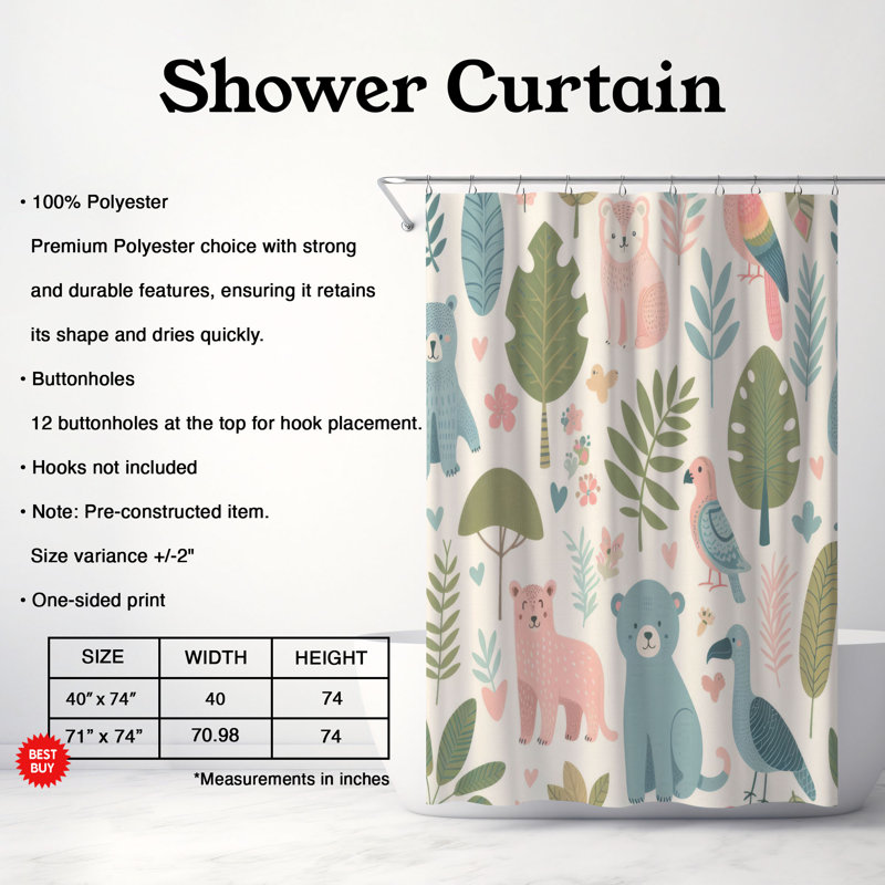 Rideau de douche 1 pièce Elfride Jungle Critter, H 74 po x l 71 po