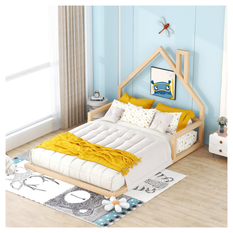 Structure de lit double Montessori avec tête de lit cheminée, lit en bois de pin massif pour enfants