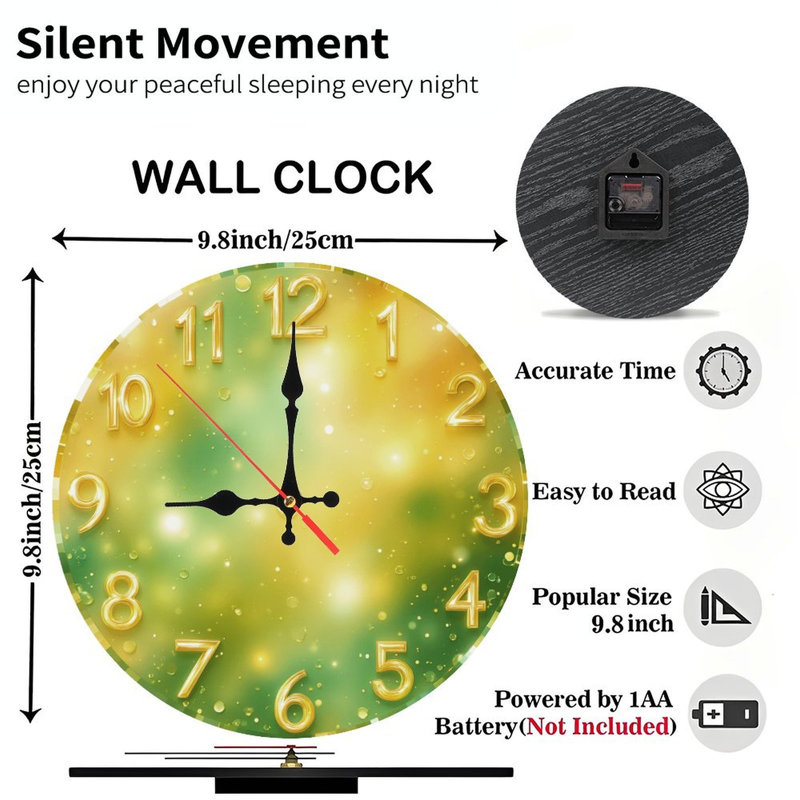 Chiffres de l'horloge dorée sur fond jaune vert scintillant