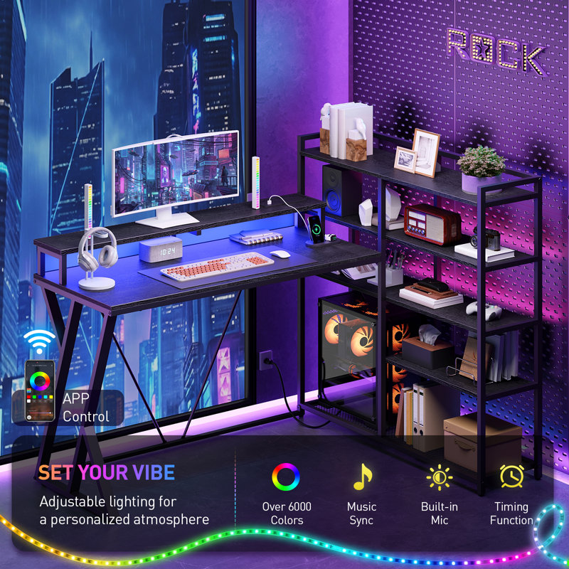 Reversible L Shaped Gaming Desk with Shelves, 52'' L Shaped Computer Desk with Power Outlet and LED Light, Corner Desk with Storage Shelf and Monitor Stand