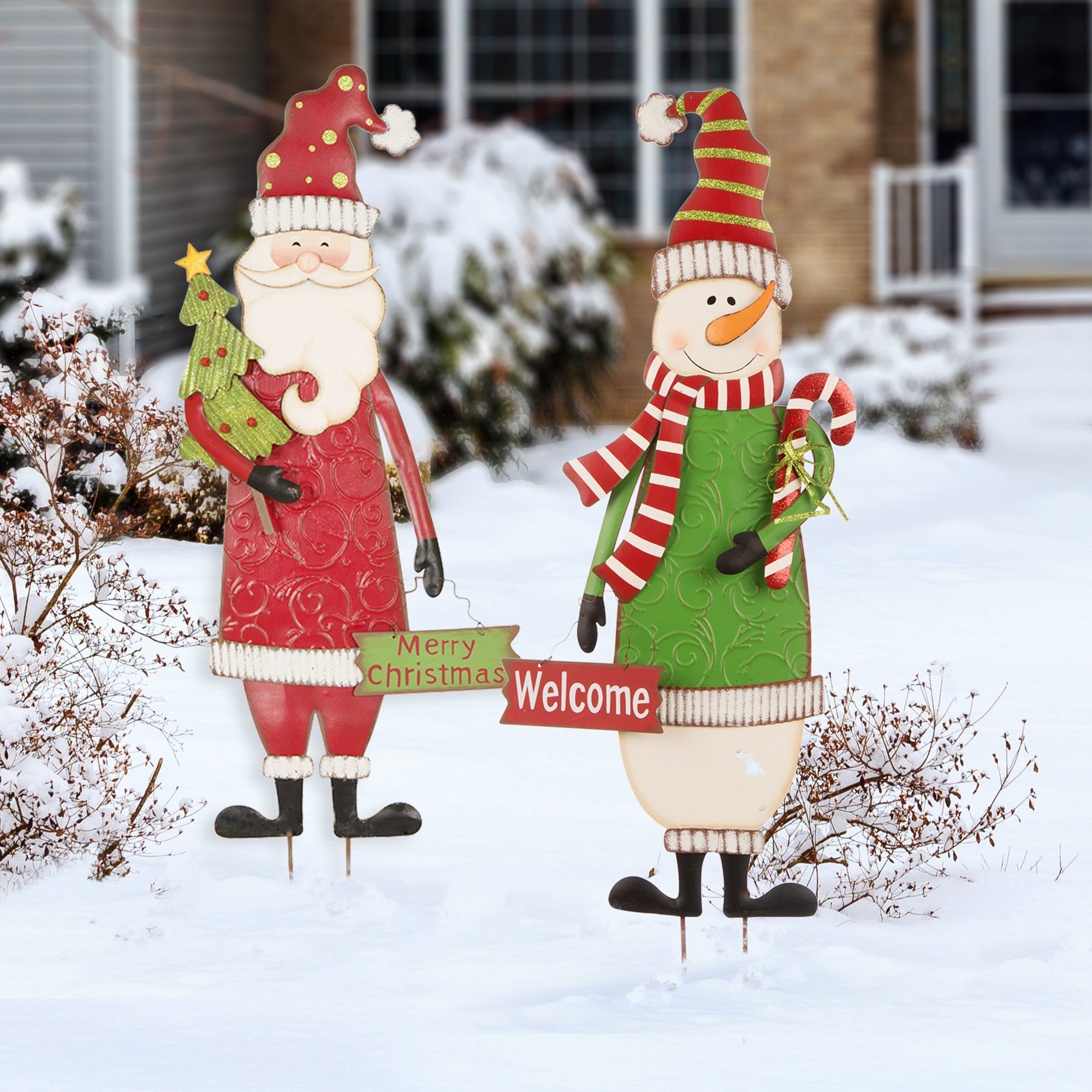 Andover Mills™ 2 Piece Metal Christmas Snowman & Santa Yard Stake