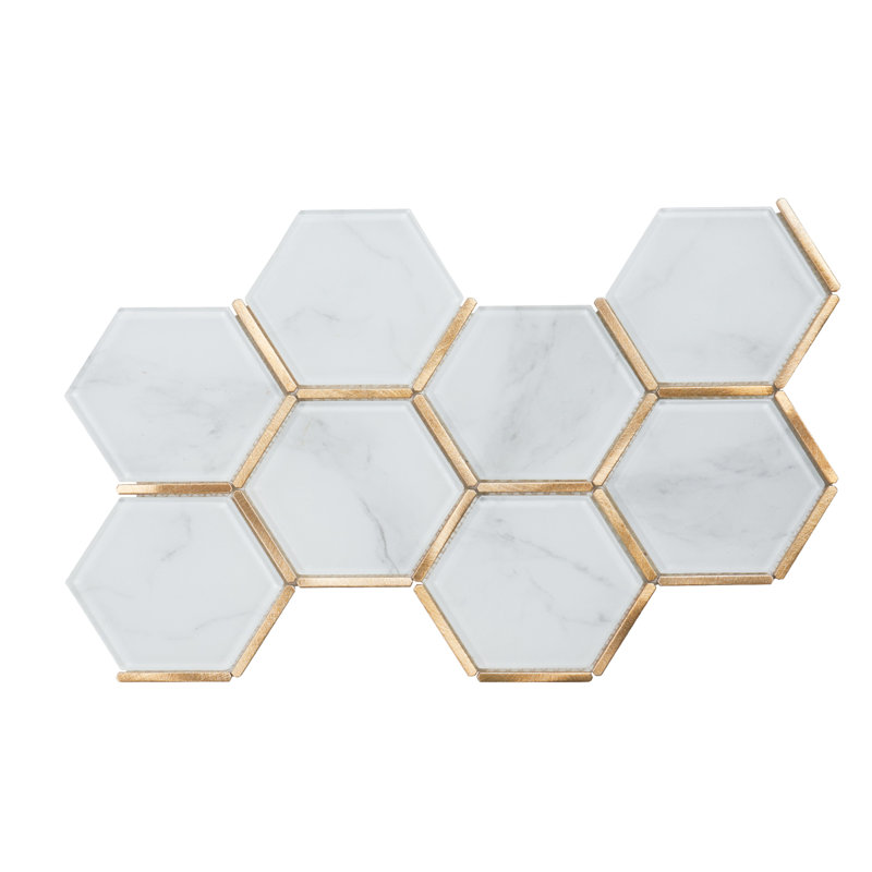 Super White Calacatta Color Crystal Glass Gold Metal Trim Hexagon Mosaic Sheet Tile By Modket
