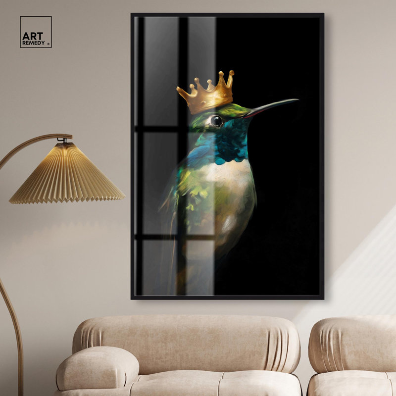 Art mural oiseau couronné azur II Shadowbox, H 55 po x l 37 po, Noir