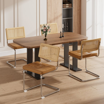 (Ensemble de 4) chaises de salle à manger en rotin naturel de l 19,6 po avec structure en C et chaises de cuisine à coussins en polyuréthane