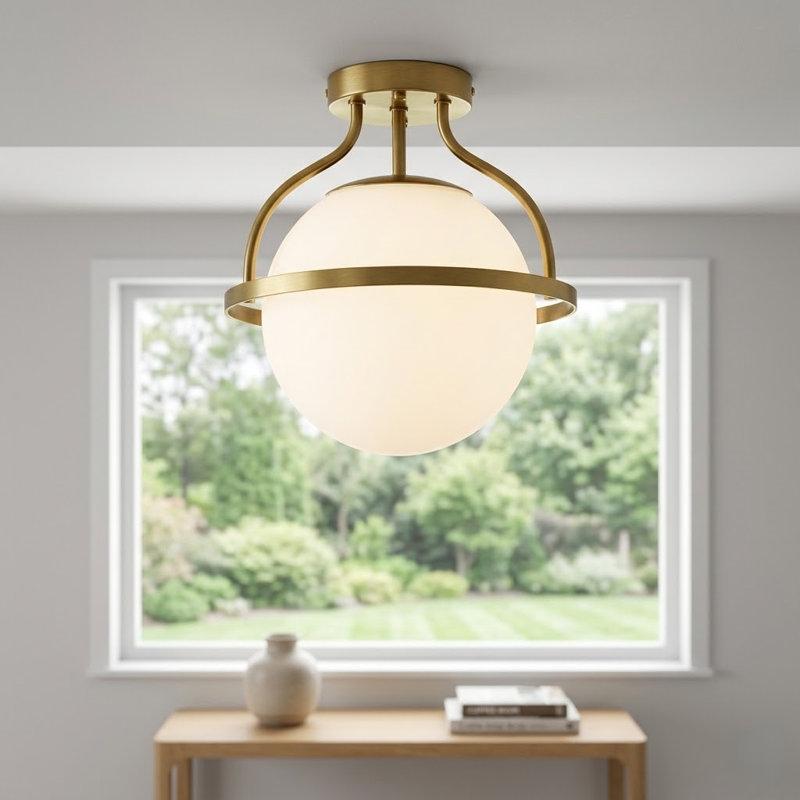 Plafonnier semi-encastré sphère en verre givré 1 lumière l 11,2 po , Laiton brossé