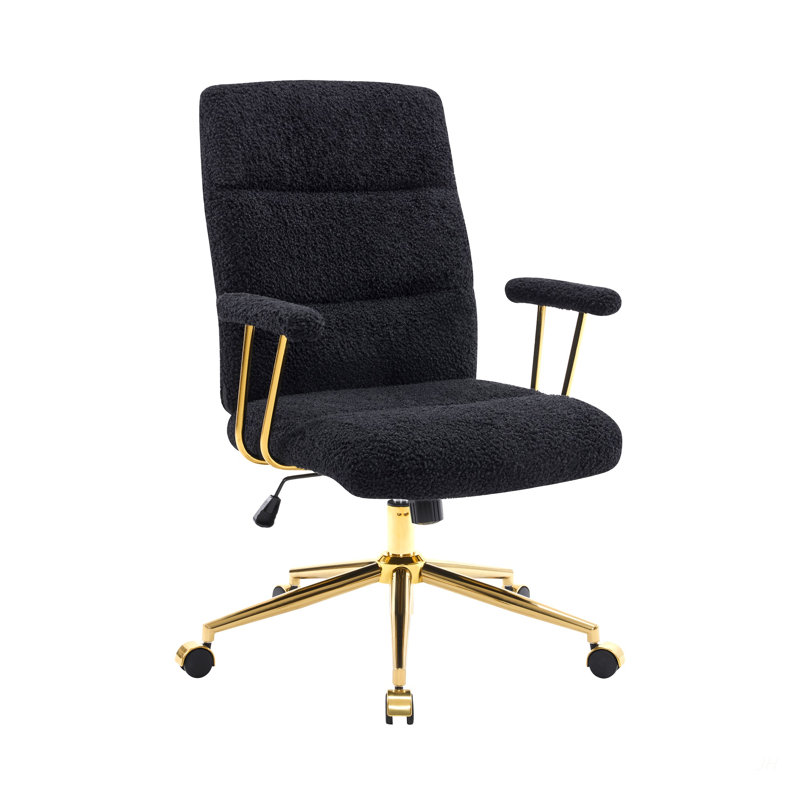 Textured Boucle Fabric Black And Gold Office Chair, Modern Height Adjustable Desk Chair With Padded Arms, Black