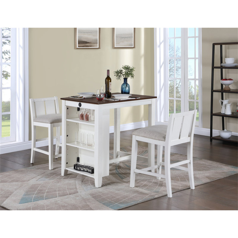 Gregorio 36" 3-Piece White Finish Small Space Counter Height Dining Table With Shelves And 2 Chairs, Brown/White