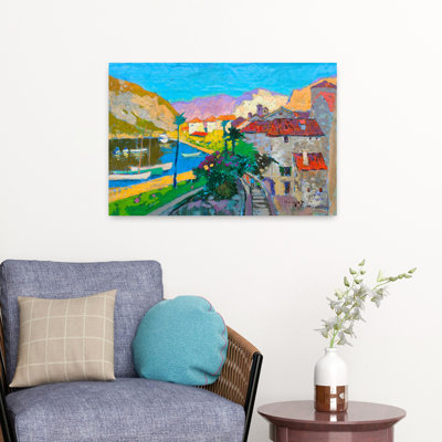 Art contemporain, paysage côtier serein, vibrant et coloré