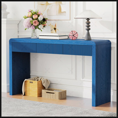 Rustic Console Table With 3 Fluted Drawers - Solid Wood Veneer Entryway Table For Living Room And Hallway, Navy