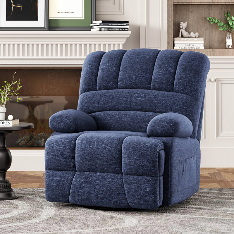 Heald 40.94"W Upholstered Swivel Rocker Recliner, Blue Chenille