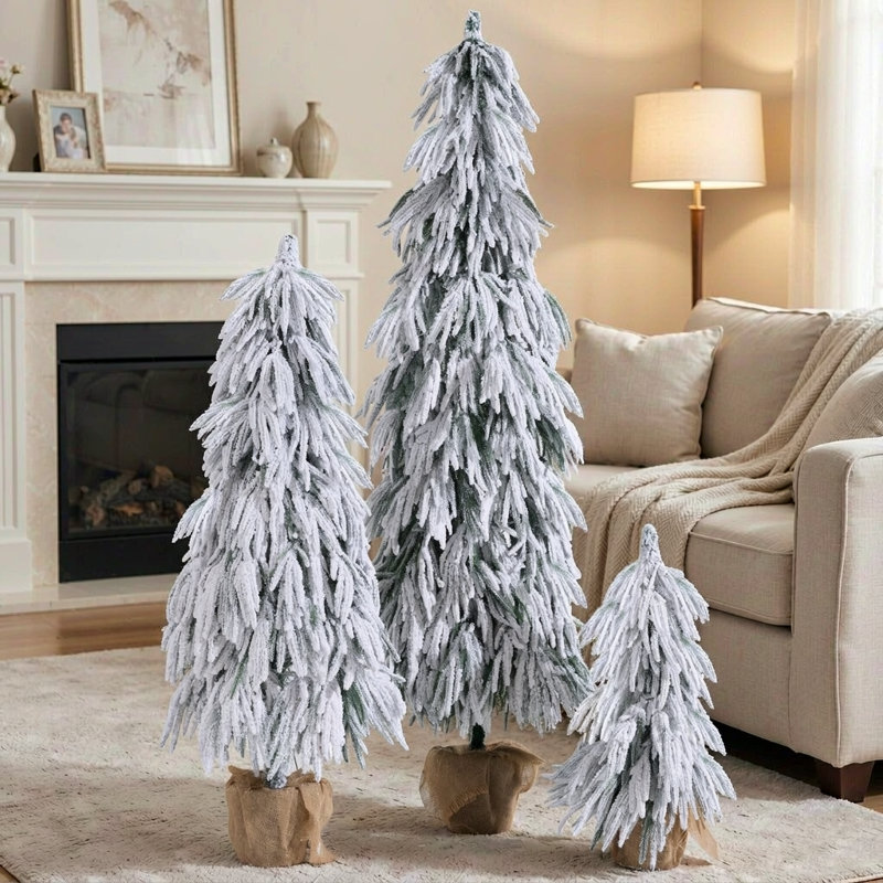 Pre-Lit Flocked Christmas Tree Set of 3, 3FT / 4.5FT / 6FT Artificial Christmas Trees with 235 Warm White & Multi-Colour LED Lights, 11 Modes, Rustic Burlap Pot Base for Holiday Home Decor