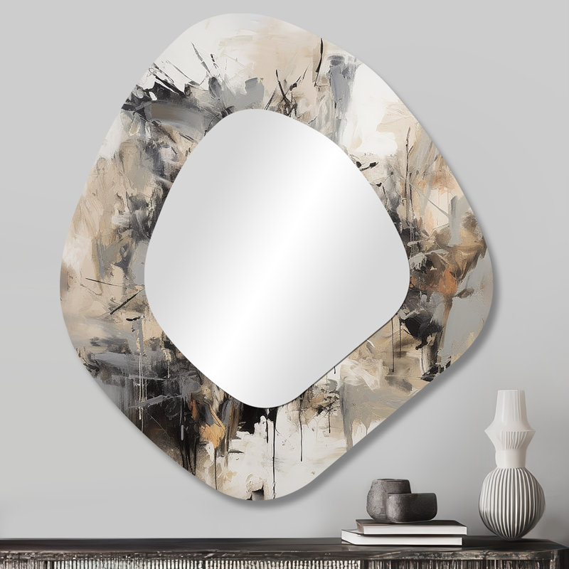Grey Black Inner Worlds Of Marble III - Geometric Unique Shape Large Mirror, Modern Asymmetrical Decorative Wall Mirror, Printed Metal Art