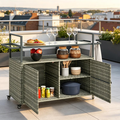 Chariot-bar mobile, armoire-buffet, armoire de rangement en rotin, table de rangement extérieure, chariot de rangement de salle à manger, îlot de cuisine