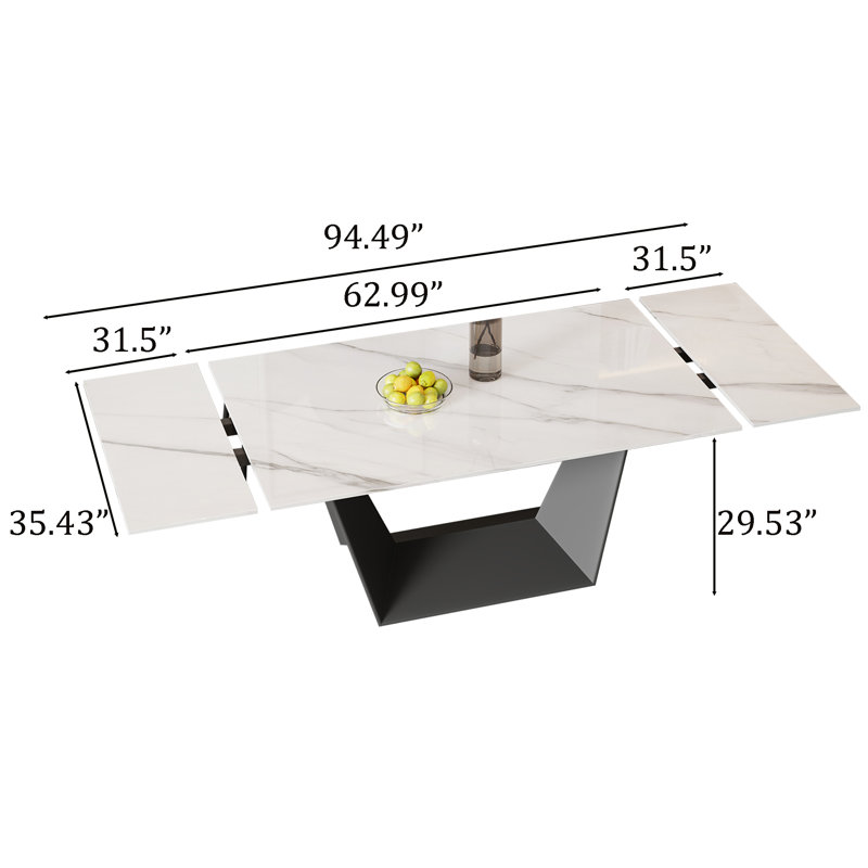 63"-95"Extendable Dining Table For 6-10,White Glossy Sintered Stone Tabletop, Modern Kitchen Table with black Steel Legs