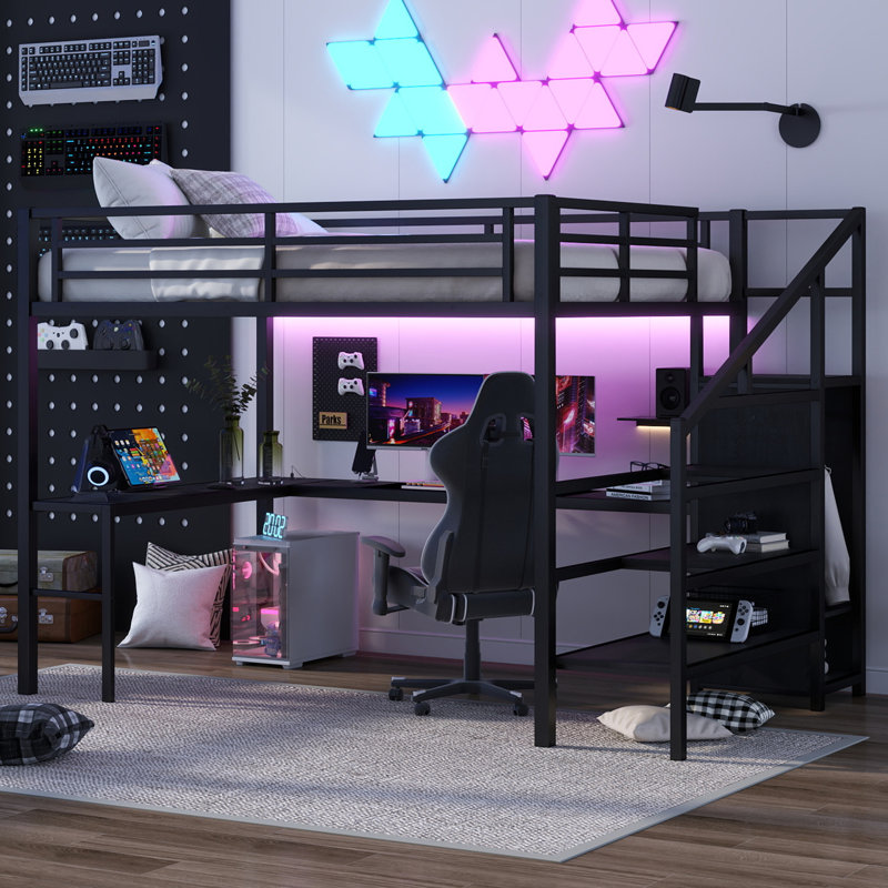 Queen Size Metal Loft Bed with L-Shaped Desk, Wardrobe, USB & LED, High Loft Bed for Kids Teens Adults, Black