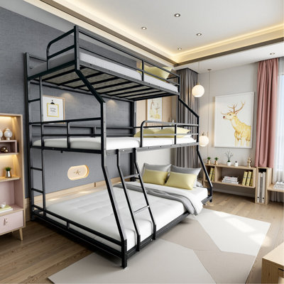 Triple Bed With Long And Short Ladder & Full-Length Guardrails, Easy Assembly, For Kid Boy Girl, Black