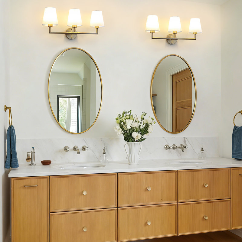 3 - Lights Brass Armed Wall Sconce With Linen Lamp Shades For Bathroom Vanity Hallway Stairway Living Room, Brass, 3
