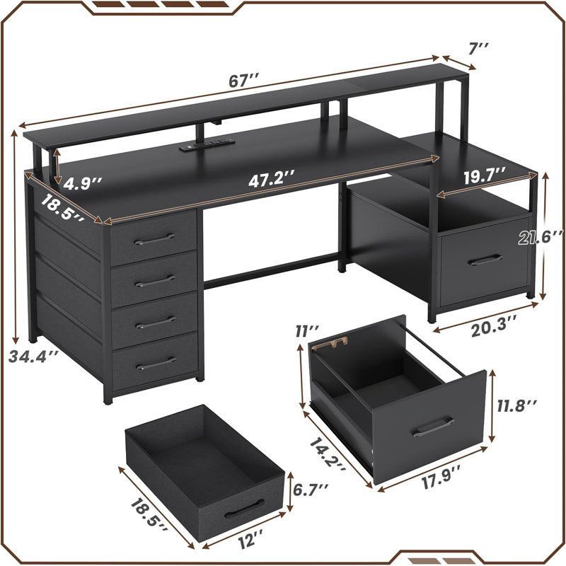 Joceleen Computer Desk with Built-In Electrical Outlet, Black