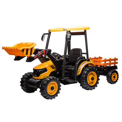 24V Ride on Tractor for Kids with Trailer & Front Loader, 3-in-1 Electric Construction Vehicle, Dual Motors, All-Terrain Wheels, MP3/USB/Bluetooth, LED Lights, Outdoor Gift for Ages 3-8 (Yellow)