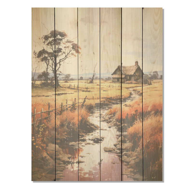 «Rustic Pareries Landscape Farmhouse I - Prairies», art sur bois de pin naturel, H 32 po x l 24 po