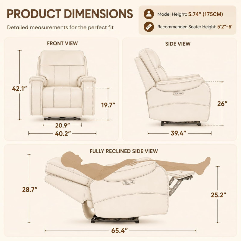 Fauteuil inclinable de luxe en cuir véritable zéro gravité avec double moteur, appui-tête réglable, chauffage et massage, charge USB / Type-C pour le salon et le cinéma maison