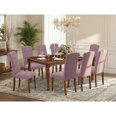 9 Piece Dining Table Set Includes a Rectangle Dinner Table with Butterfly Leaf and 8 Dahlia Linen Fabric Parson Dining Chairs, Mahogany