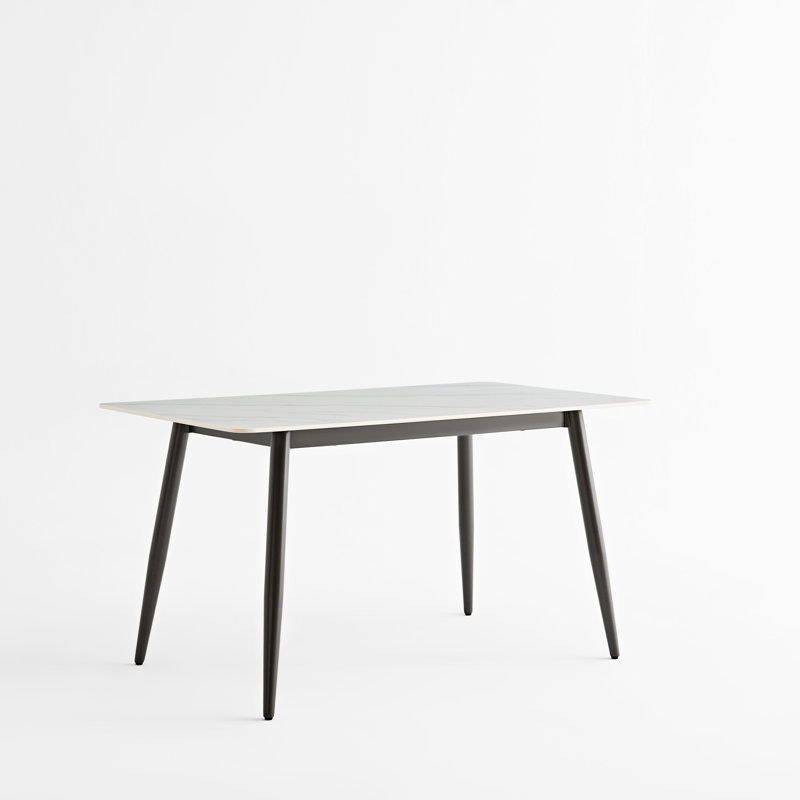 Large Rectangular 1.4m Dining Table With Metal Support For Kitchen And Living Room, White Ceramic Surface, Heat Scratch , Rounded Edge, Stylish Legs, Minimalist Design, Fast Setup Modern Base