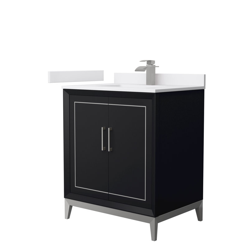 Ensemble de meuble-lavabo simple 30 po Marlena, Noir, noir, noir, noir, Nickel brossé, Marbre de culture de Carrare