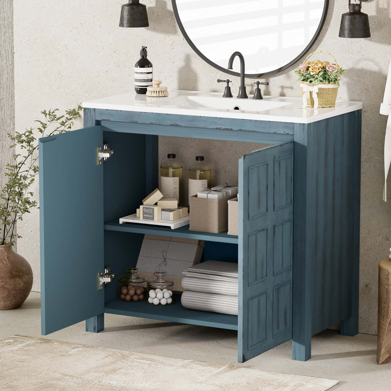 Petit ensemble de meuble-lavabo de style vintage 36 "avec lavabo en céramique, 2 portes à fermeture douce, Bleu rétro