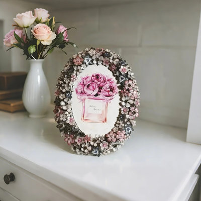 Cadre photo vintage ovale floral, cadre de couronne de fleurs en métal émaillé avec dos de chevalet, décor de table romantique nordique
