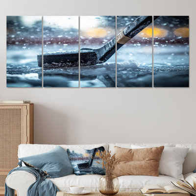 Black Hockey Stick And Rubber Puck II - Sport Hockey Wall Art Living Room Set