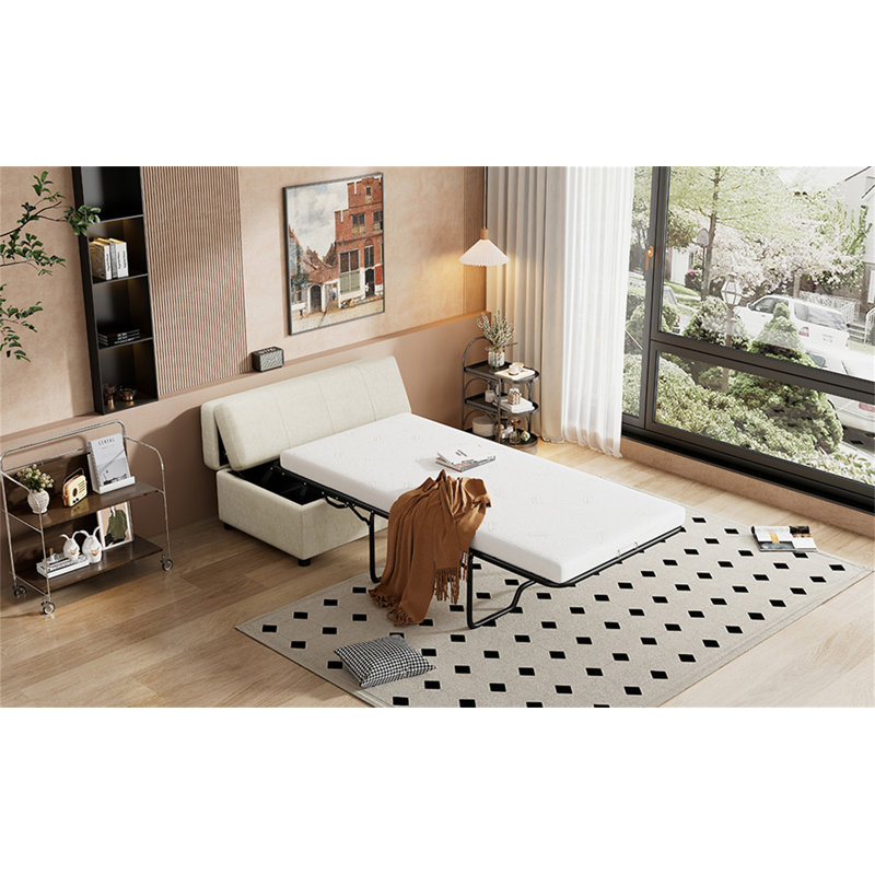 Lit simple escamotable avec repose-pieds et lit d'invité convertible avec matelas, Blanc