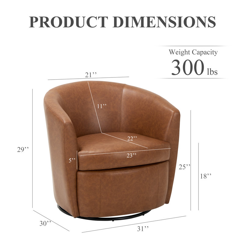 Leather Upholstered Swivel Barrel Chair—No Assembly Required, Brown Faux Leather