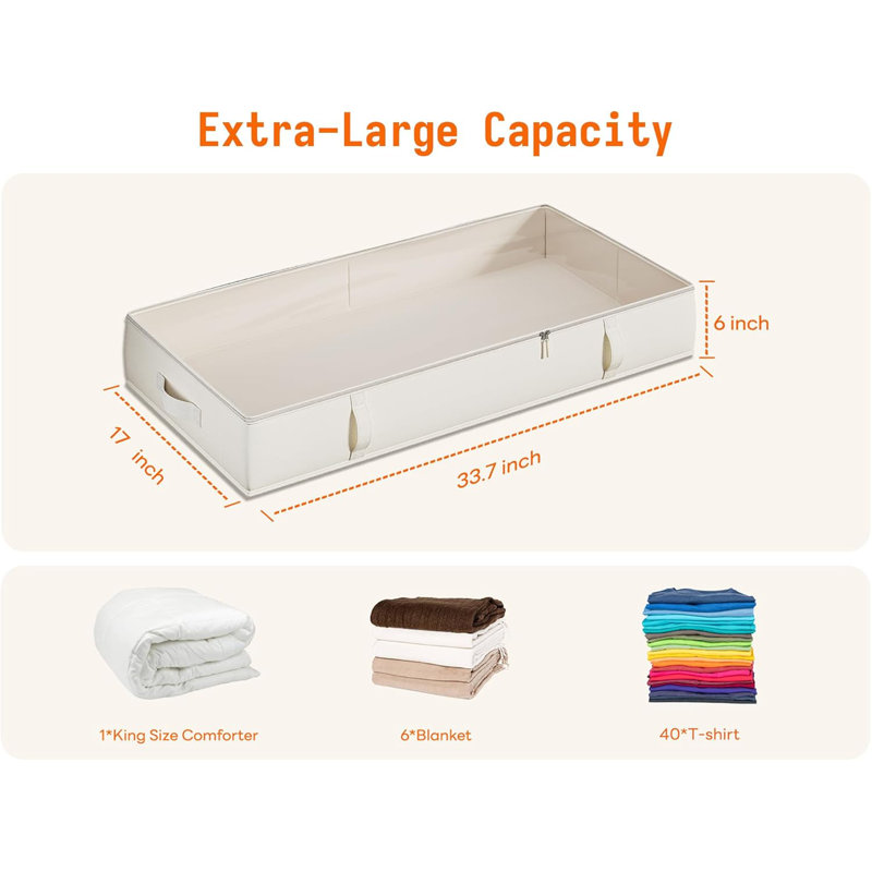 Side-Supported Under Bed Storage Containers, 6 Inches Tall 60L Underbed Storage Bins With Sturdy Handles And Sidewalls, Closet Organizer For Clothes, Blankets, Seasonal Items, Beige, 2-Pack