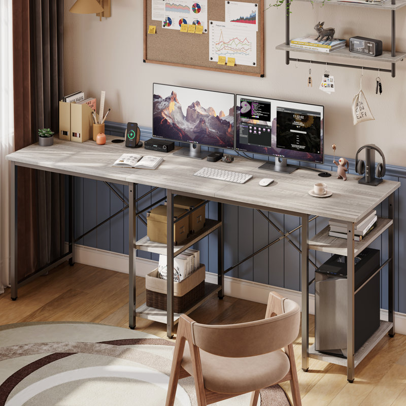 Aaleeyah L Shaped Farmhouse Computer Desk, 75 Inch Reversible Corner Office Desk with Shelves, Light Grey