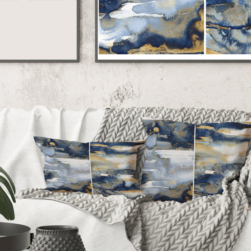 Dark Blue and Gold Abstract II - Modern Printed Pillow, 16" x 16"
