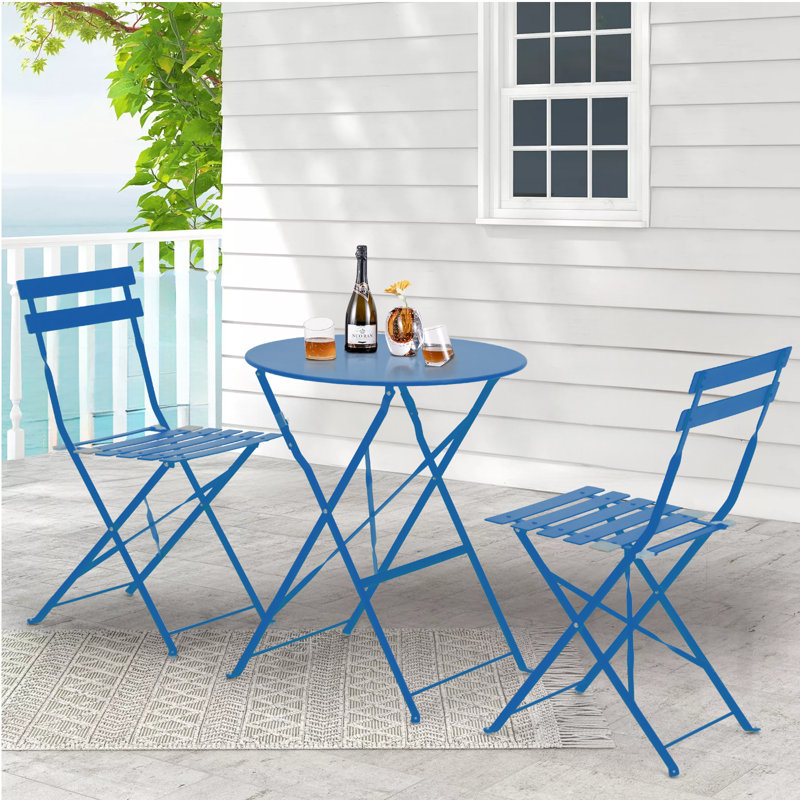 Anshu Iron Table And Folding Chair Set, 2 - Person Round Outdoor Dining Set, Peacock Blue
