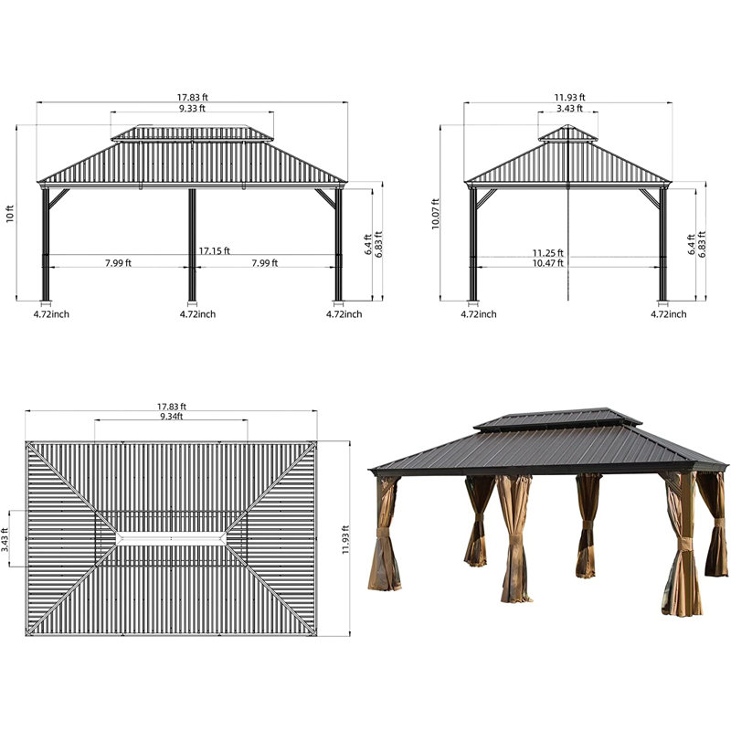 Aluminum Patio Gazebo, 11 Ft x 17 Ft