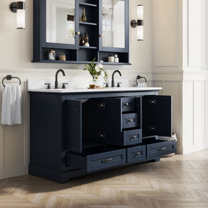 Meuble-lavabo autoportant avec comptoir et lavabo en marbre de culture, Navy Blue, Matte Black, 60"
