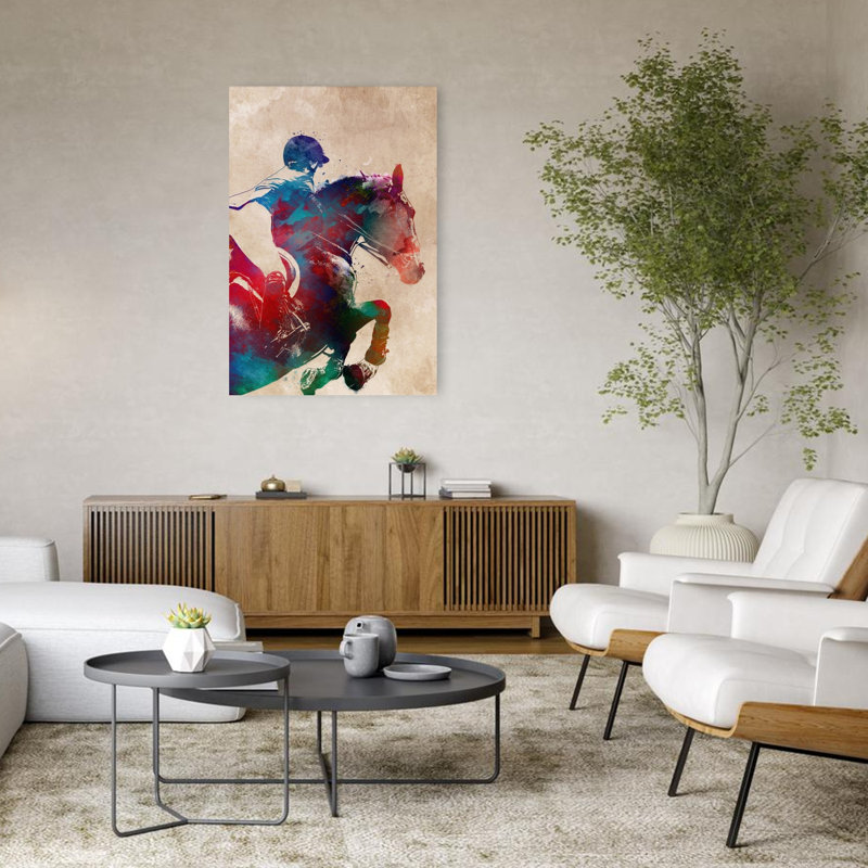 Aquarelle, cheval sautant d'art contemporain, 48" H x 32" W