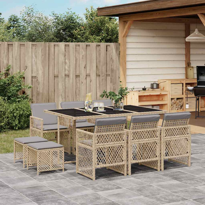 11 Piece Garden Dining Set with Cushions Poly Rattan, Cream White, Beige