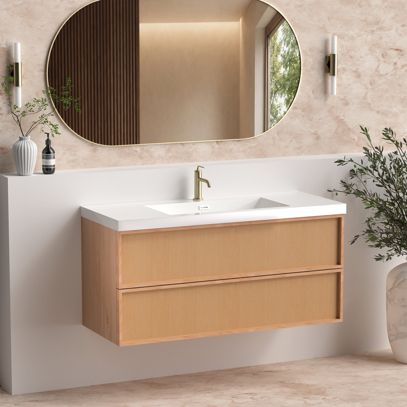 Meuble-lavabo mural moderne 48 po avec lavabo et comptoir en résine, meuble-lavabo flottant avec tiroirs avant et dosseret tissés